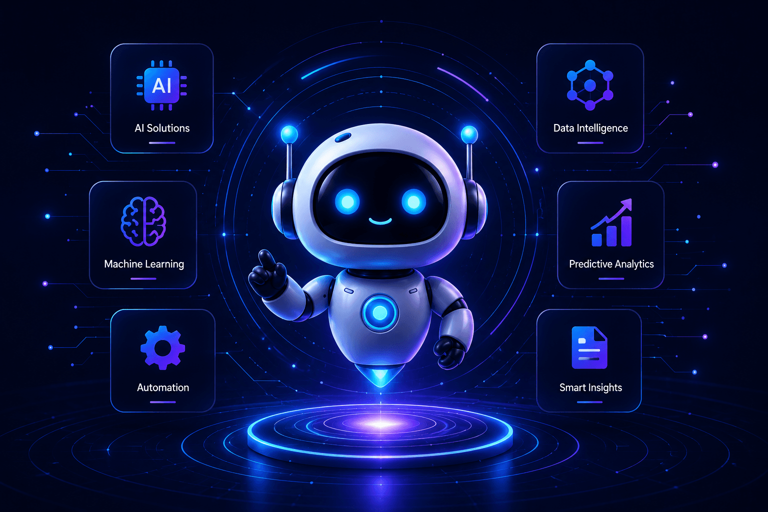 TinyWonders AI assistant surrounded by machine learning, automation and analytics capabilities