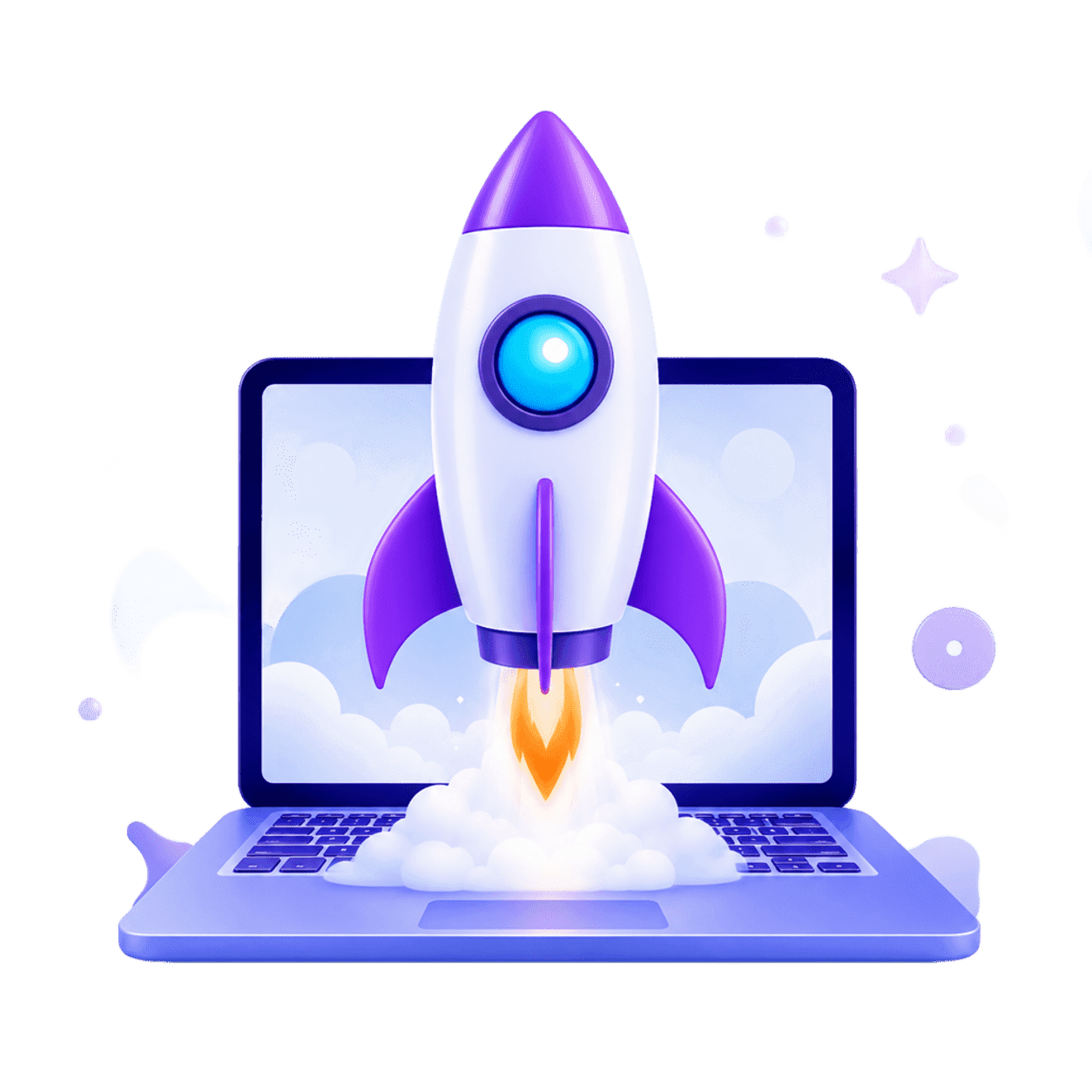 Rocket launching from a laptop, representing fast and scalable growth